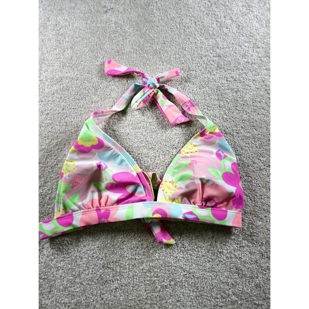 INGEAR Bikini Top Womens Medium Pink Green Floral Halter Triangle Swim‎ Tie Back
